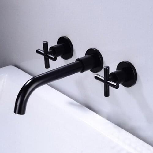 Bathroom Sink Faucet In Wall Basin Faucets Mixer Black Brass 3 Holes Double Handle Bathbasin Bathtub Taps Hot and Cold Water Tap