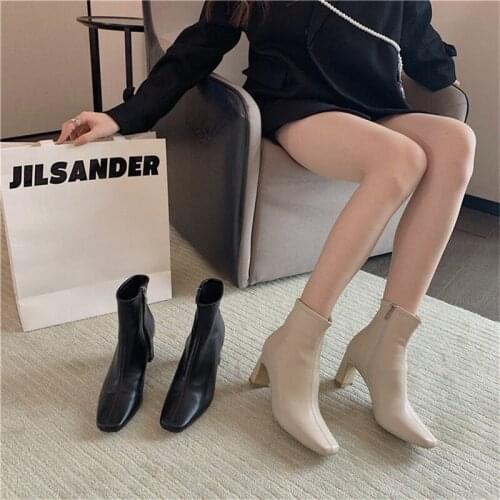 2021 autumn new French thick-heeled short boots womens elastic boots square toe niche design high-heeled single boots