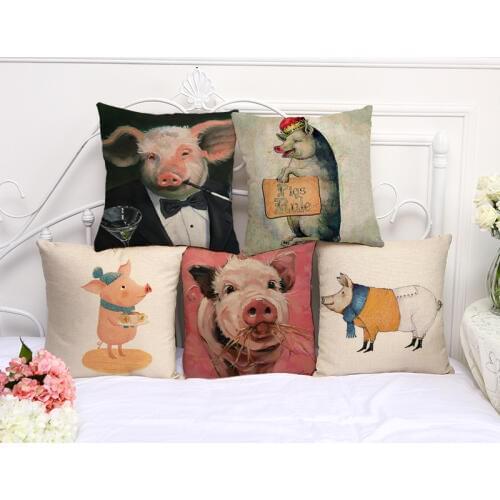 New Pig Painting Cushion Cover Cotton Linen Decorative Pillowcase Chair Seat Square 45x45cm Pillow Cover Home Living Textile