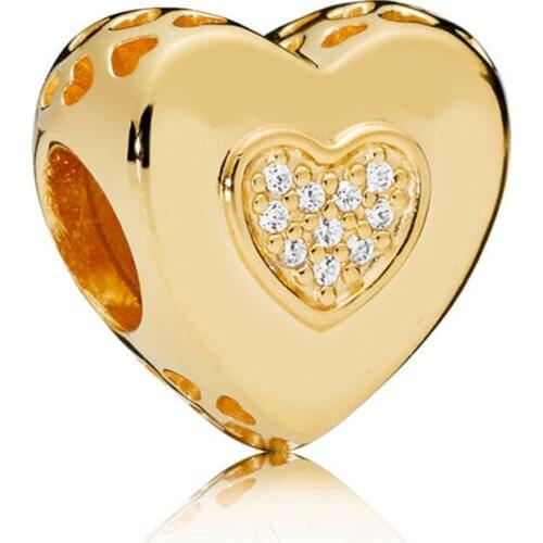 Original Gold Color Shine Openwork Radiant Hearts With Crystal Beads Fit 925 Sterling Silver Charm Bracelet DIY Jewelry