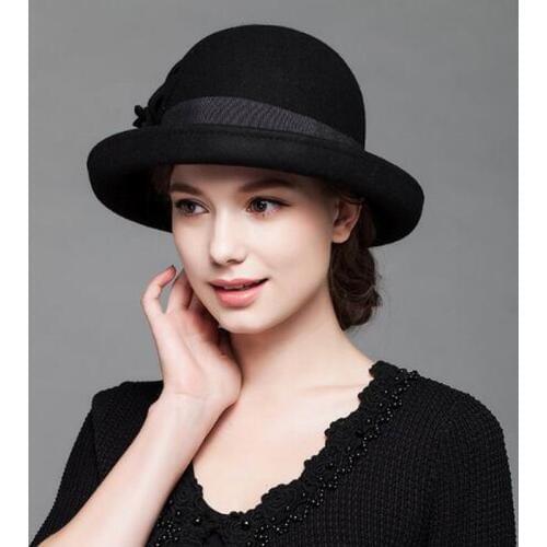 Autumn Winter 100% Wool Fedoras Hat Black Flower Birm Protect Hat Warm Bowler Floppy Ladies Churh Cloche Hats