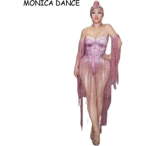 Sexy Pink Tassel Rhinestone Stage Jumpsuit Women Nightclub Crystal Stretch Bodysuit Pole Dance Leotard Performance One-piece