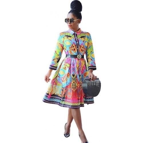African Shirt Dress Women Turn Down Collar Pleated A Line Dress 2021 Fashion New Streetwear Summer Dashiki African Robe Vestidos