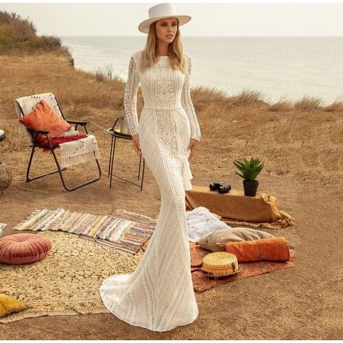 Civil Wedding Dress Mermaid O Neck Full Sleeve Bridal Gowns Hip Hop Modest Floor Length Sweep Strain Vestido De Novia Boho