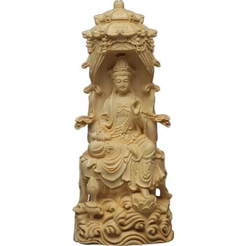 Carved Wood Decor Handmade Wooden Crafts Home Decoration Chinese Boxwood Buddha Guan Yin Statue Sculptures Feng Shui Ornaments