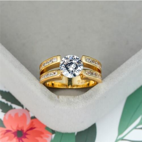 Luxury Female Crystal Zircon Stone Ring 18KT Yellow Gold Wedding Rings For Women Promise Bridal Round Engagement Ring