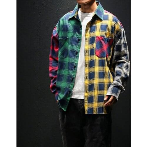 Plaid Patchwork Shirt Men Autumn Long Sleeve School Student Shirts Male Fashion Streetwear Casual Cotton Clothing 2021