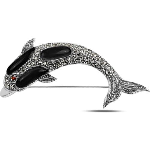 Silverlina Silver Dolphin Fish Natural Stone & Marcasite Gemstone Brooch