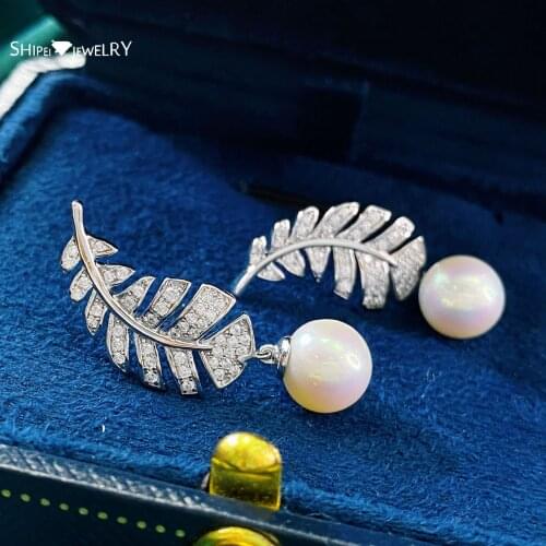 Shipei Romantic 100% 925 Sterling Silver Pearl Created Moissanite Wedding Engagement Luxury Feather Earrings Studs Fine Jewelry