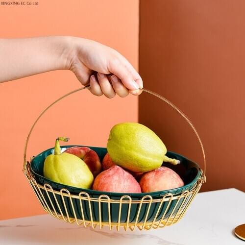 Modern Household Fruit Tray, Snack Storage Basket, Ceramic Oval Salad Bowl, Living Room Storage Tray, Portable Iron Fruit Basket