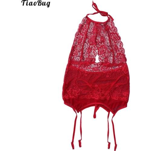 TiaoBug 2Pcs Women Plus Size See-Through Lace Lingerie Suit Halter Neck Strap Tops And G-String Briefs Thong Pants Set Underwear