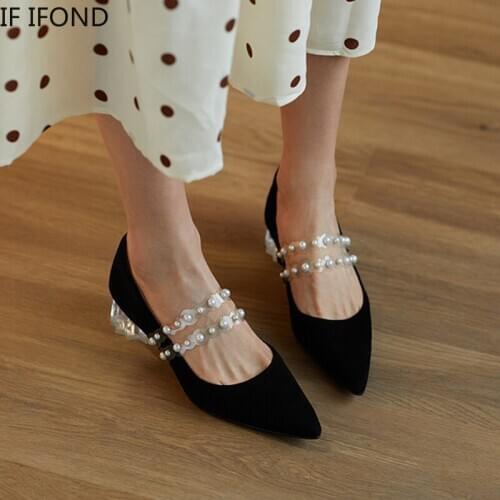IF IFOND Women Thick High Heel Pumps Sexy Party Shoes Fashion Pointed Toe Elegant Pearl Black Flock Transparent Heel Shoes Mujer