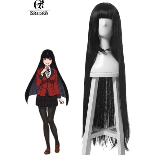 ROLECOS Anime Kakegurui Cosplay Hair Headwear Compulsive Gambler Jabami Yumeko Cosplay Hair Long Black Straight Synthetic Hair