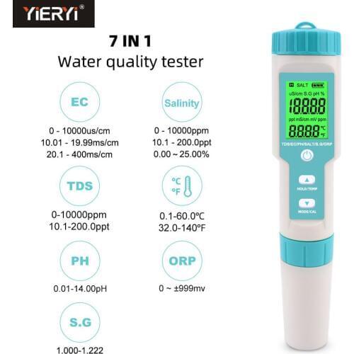 Yieryi Newest 7 in 1 PH/TDS/EC/ORP/S.G/Salinity/Temperature Water Quality Tester With Electrode Replaceable C-600 PH Meter