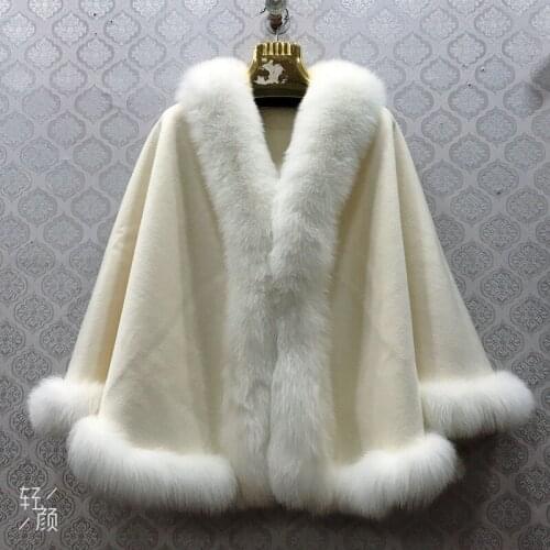 Real Sheep Fur Wool Blends Cashmere Shawl With Natural Fox Fur Collar Trim Women Autumn Winter Outwear Wraps Capes Coats Jackets