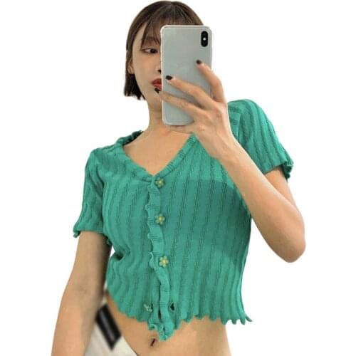 Womens Solid V Neck Slim Tshirt Korean Style Summer Sweet Knitted Short Sleeve Tee Shirt Tops