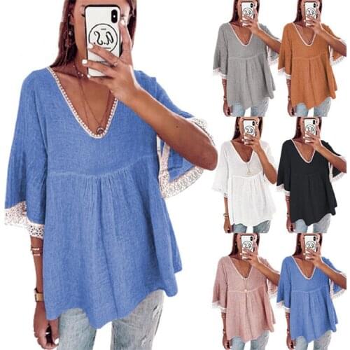Womens Blouses Summer Casual Loose Shirts Women Clothing 2021 Patchwork Lace V-Neck Half Sleeve Blusas Y Camisas Femme Y2K Tops