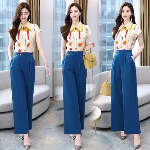 Simplee Elegant Fashion Womens Two Piece Printed Loose Casual Cosy Suit Thin Short Sleeve T-shirt & Wide Leg Pants Suits