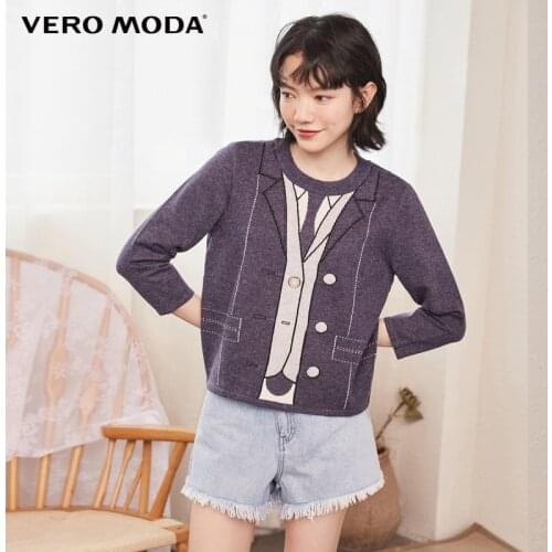 Vero Moda Women Preppy Style Decorative Button Crew Neck 3/4 Sleeves Knitted Top Sweater | 320313002