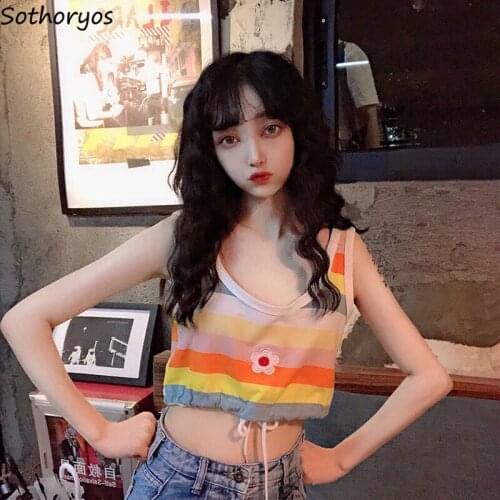 Tank Women Stripped Colorful Drawstring Printed Crop-tops Loose Lovely Girls Casual Comfortable Trendy All-match Korean-style