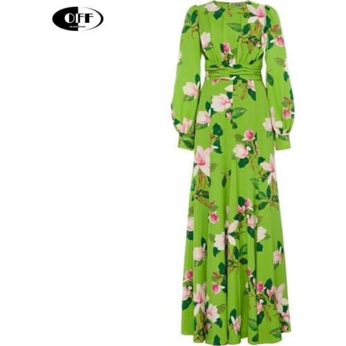 Designer Runway Maxi Dresses For Women Autumn Spring Green Floral Printed Plus Size Elegant Traf Beach Bohemia Long Dress Female