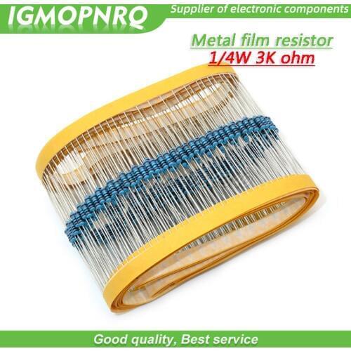 100pcs Metal film resistor Five color ring Weaving 1/4W 0.25W 1% 3K 3K ohm 3Kohm