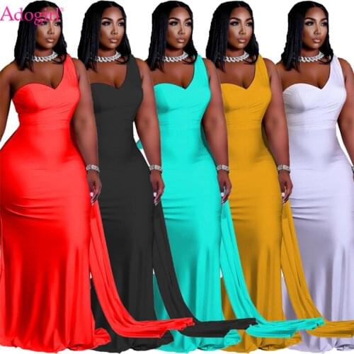 Adogirl Elegant Women Solid One Shoulder Maxi Evening Party Dress Fashion Sexy Strapless Sleeveless Flare Long Vestidos S-4XL