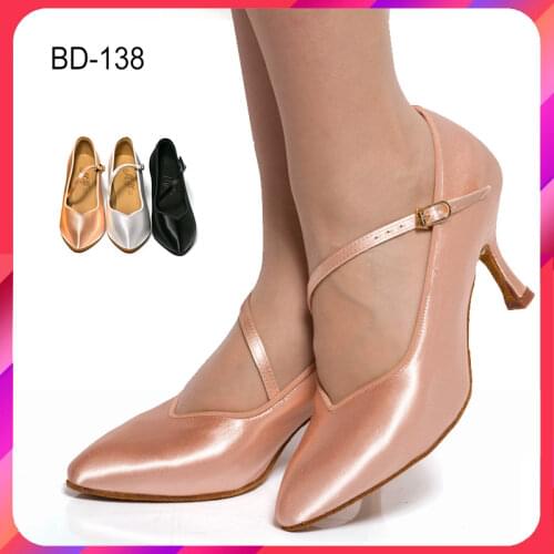 BD138 Women Stardard Dancing Shoes Closed Toe Flesh Black Satin Top quality Professional 3inch Latin Ballroom Dance Shoes