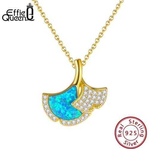Effie Queen 925 Sterling Silver Blue Opal Fish Whales Tail Pendant 14K Gold Plated Chain Necklaces Women Jewelry Brincos ESQN22