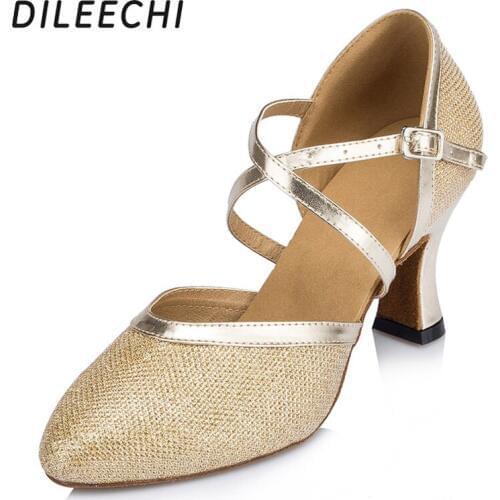 DILEECHI The new Gold champagne sequins Womens tango dancing shoes Latin / Modern shoes companionship Square dance shoes