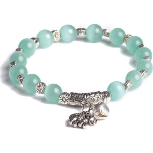 FYSL Silver Plated Elephant Connect Cat Eye Stone Beads Stretchy Bracelet Ethnic Style Jewelry