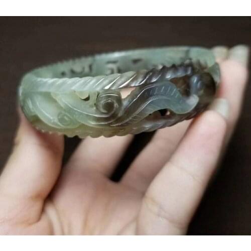 J21#Qinghai material and Tianyu smoke purple white jade hollow carved bracelet