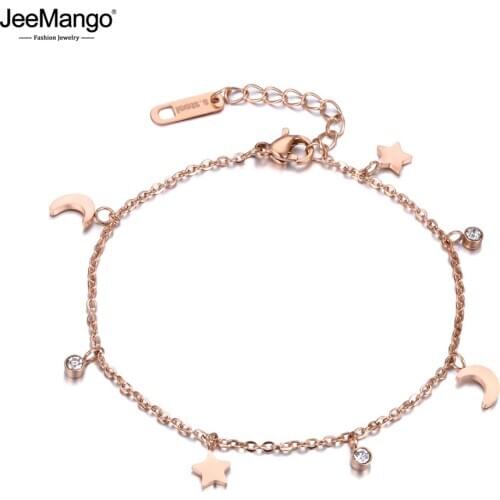 JeeMango Trendy Bracelet Moon & Star & CZ Crystals Rose Gold Color Stainless Steel Bracelet Link Chain Christmas Gift JB18186