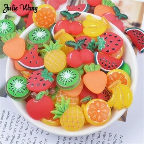 Julie Wang 10pcs Artificial PVC Fruit Charms Banana Strawberry Flatback Cabochon Findings Bracelet DIY Pendant Earring Accessory