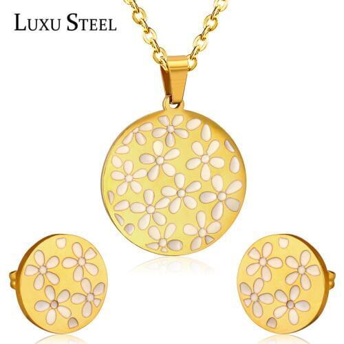 LUXUSTEEL ensemble collier Sets Gold Color Flower Shell Pendant Necklace Earring Brinco Bijoux Wedding Party Wholesale
