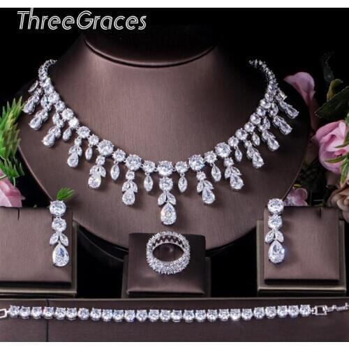 ThreeGraces Classic Cubic Zirconia Long Big Wedding Necklace Earrings Bracelet 4pcs Prom Costume Jewelry Set for Brides JS257