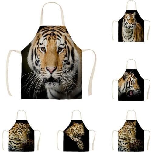 Parent-child Kitchen Apron Cheetah Tiger Printed Sleeveless Cotton Linen Aprons for Men Women Home Cleaning Tools WQTX66