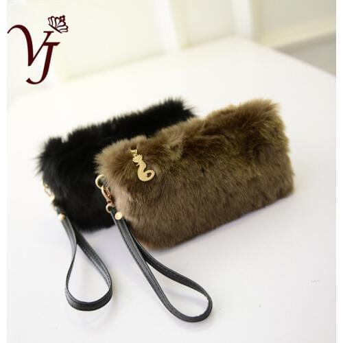 Hot Luxury Womens Mini Fuzzy Wristlet Evening Handbag Female casual phone purse ladies' elegant clutches coin purse for girls