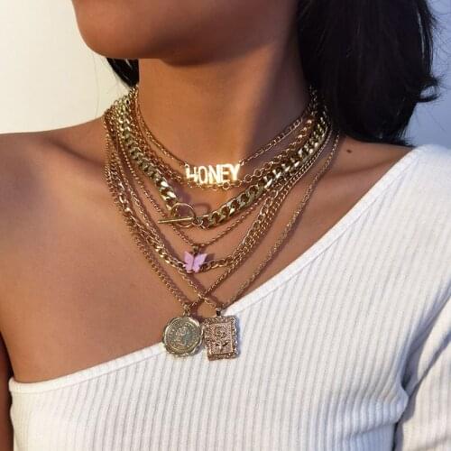 Punk Exaggerated Thick Chains Butterfly Letters Geometric Pendant Necklace Women Vintage Multilayer Chains Necklace Jewelry
