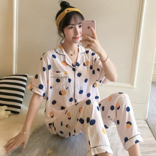 Cute Cartoon Cat Sleepwear Women Short Sleeve Pajamas Set Thin Summer Trousers Female 100% Viscose Pyjamas Women Home Clothes