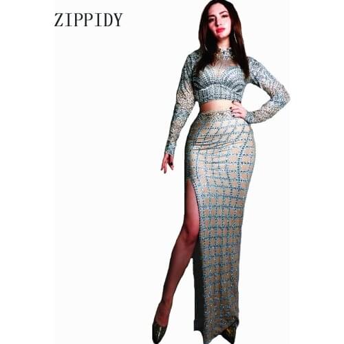 Fashion Silver Rhinestones Long Dress Stretch Spandex Dress Singer Dance Celebrate Dress Costume Prom Women Stone Dress