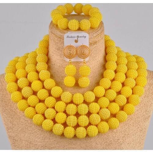 Fashion 4 rows yellow african jewelry set simulated pearl beads nigerian wedding costume jewelry set FZZ05