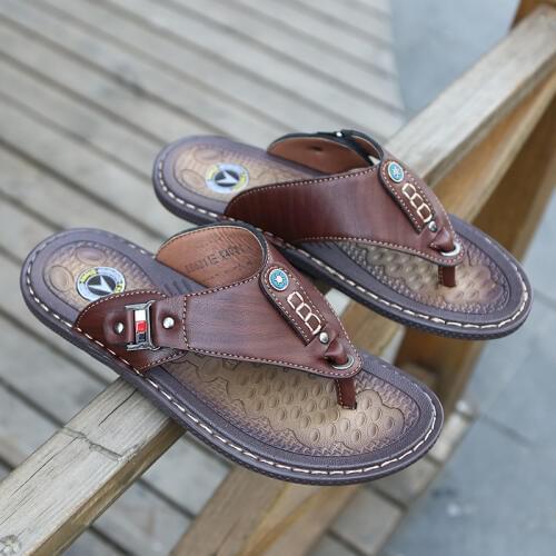 2019 Summer Beach Men Flip Flops Pu Leather Slippers Male Flats Sandals outdoor Rubber Thong Beach Shoes Men Leather Brand New
