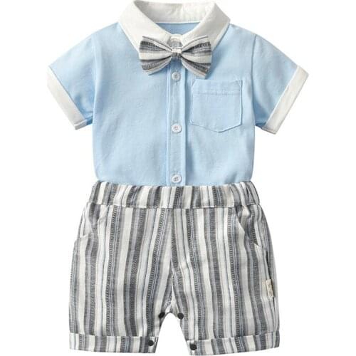 Newborn Boys Gentlemen Clothing Outfit 95% Cotton Baby Tie Rompers+Striped Shorts 2pcs/set Clothes Sets for Summer 0-18 Mouth