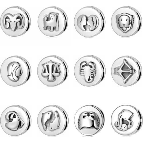 Original 925 Sterling Silver 12 Zodiac Constellation Round Clip Beads fits Reflection Charm Bracelet Women Jewelry Making