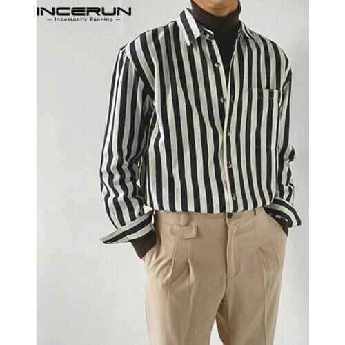 Casual Men Striped Shirt Brand Lapel Long Sleeve Streetwear Pockets Tops Korean Style Fashion Button 2021 Camisas S-5XL INCERUN