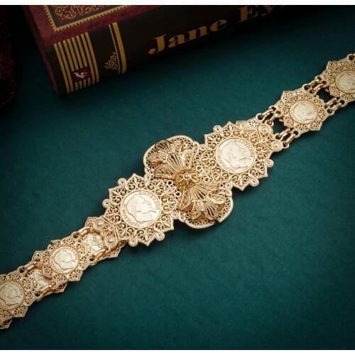 New French Coin Gold Bridal Belts Long Chain Algerian Wedding Jewelry Napoleon Figure Hollow Flower Belt Arabic Bride Gifts