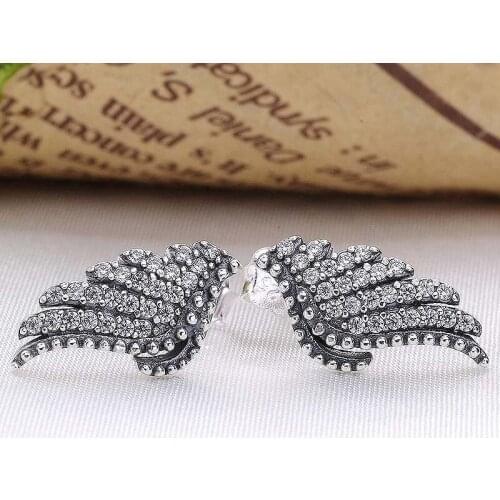 Original Majestic Feathers With Crystal Studs Earrings For Women 925 Sterling Silver Earring Wedding Gift DIY Pandora Jewelry