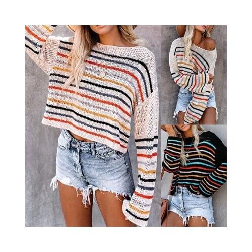 Women Stylish Colorful Stripes Sweater Fashion Long Sleeve Knitwear for Women Ladies Autumn Spring Off-the-Shoulder Sweater