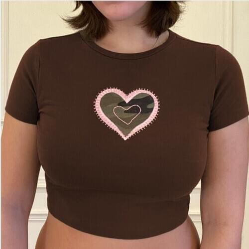 Womens Sexy Heart Pattern Crop Tops Short Sleeve Round Neck Slimming Fashion Vest Tops For Summer Wear Brown Army Green
